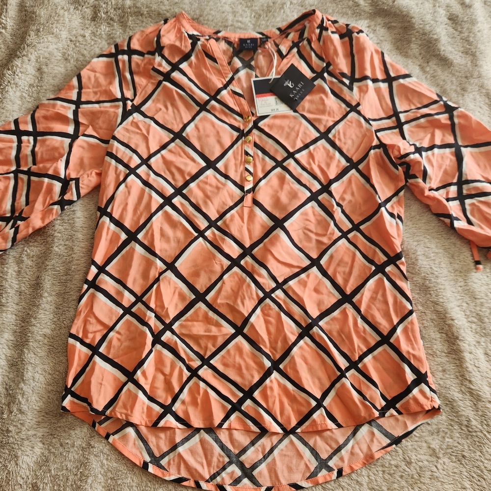Kaari Blue XS Peachy Coral Black White Sheer Chiffon Button Accent Top NWT New